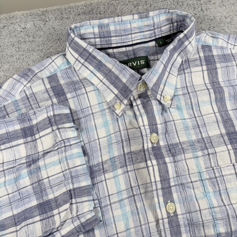 Orvis Classic Fit Short Sleeve Button Up Blue Plaid Shirt‎ Sz L